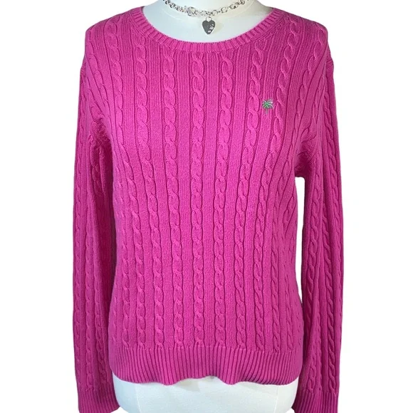 🚫SOLD🚫 Lilly Pulitzer Pink Green Palm Tree Cable Knit Crew Neck Cotton Sweater - Picture 1 of 6
